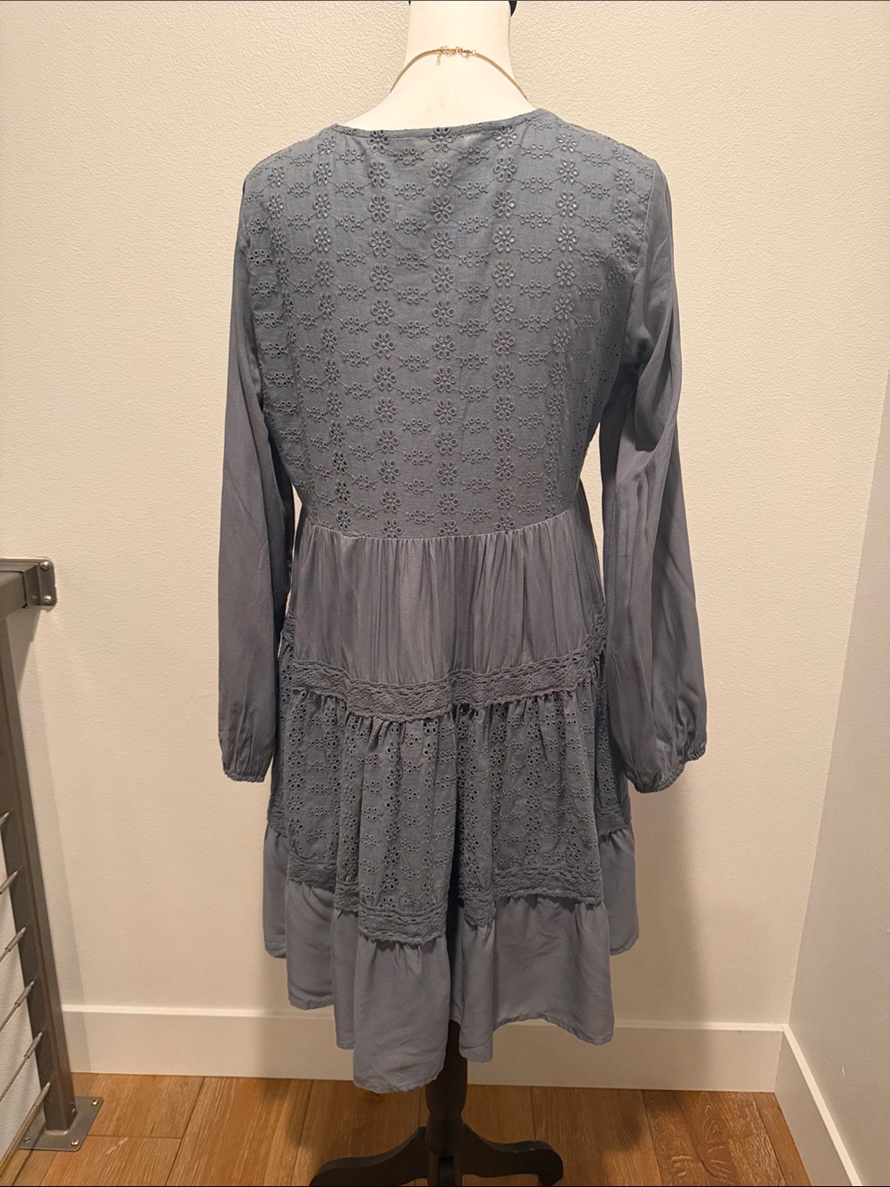 easel Slate Blue Long Sleeve Eyelet Tiered Dress - Picture 3 of 4